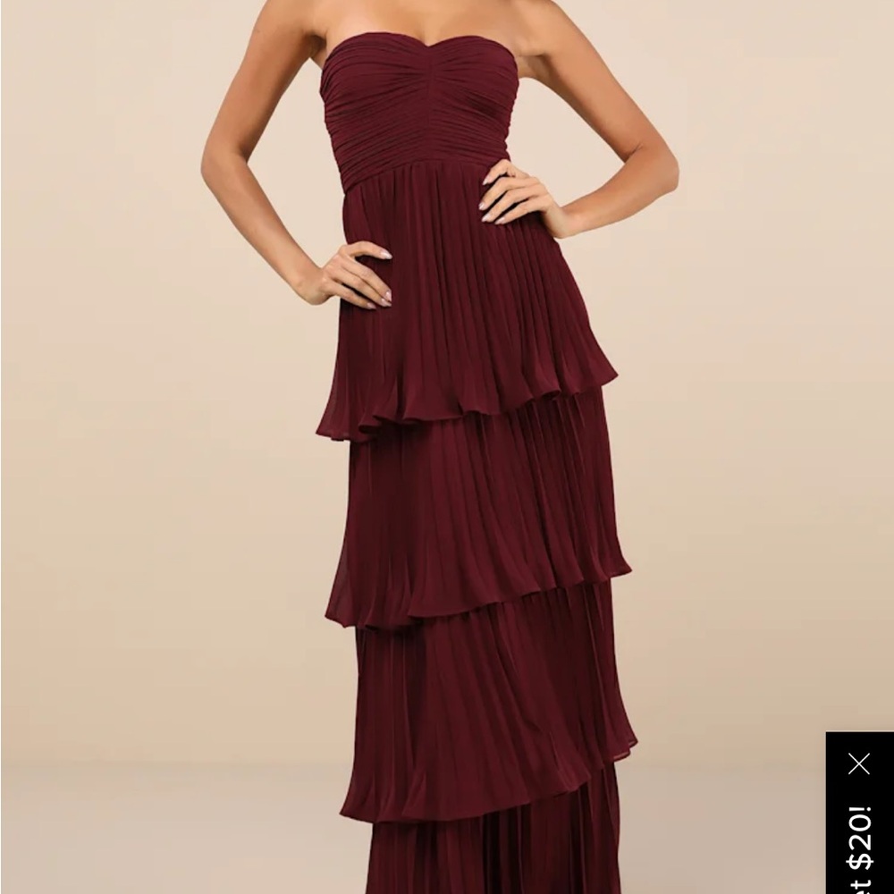 Lulu's Strapless Tiered Pleated Maxi Dress - Wine